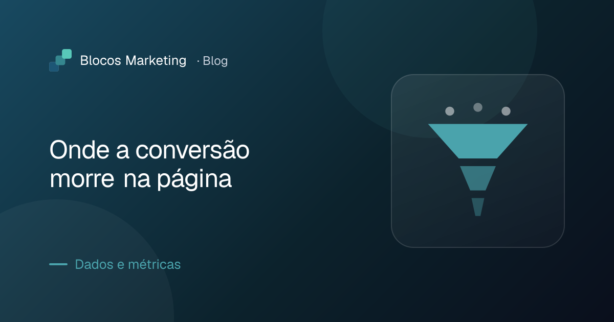 Ilustração de um funil com etapas e uma seta de conversão, com o título “Onde a conversão morre na página”