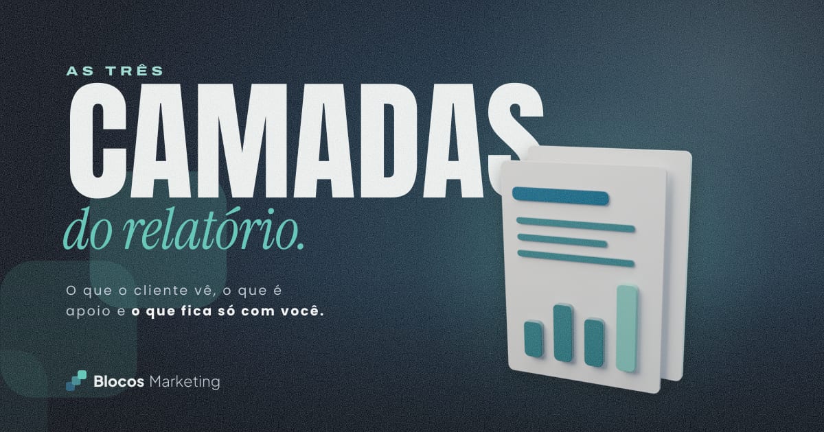 Capa com um relatório impresso com gráfico de barras e o texto “AS TRÊS CAMADAS do relatório.”